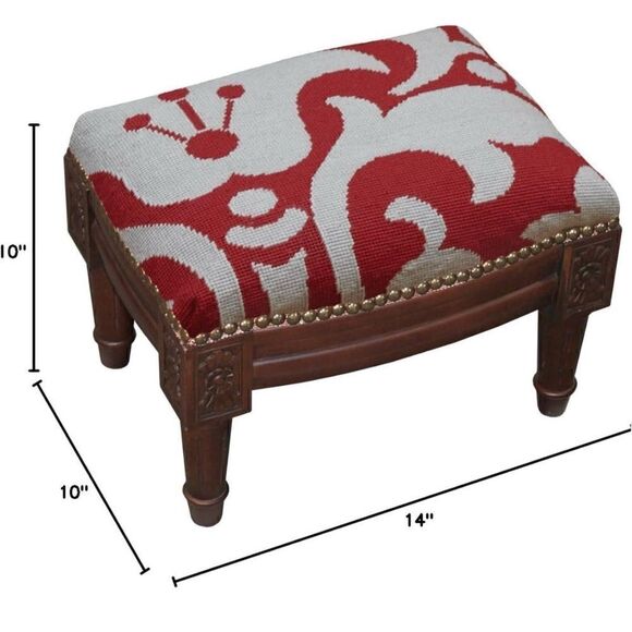 SketchONE Wool Needlepoint Upholstered Footrest, Damask, Red/Gray / excellent - Picture 2 of 3